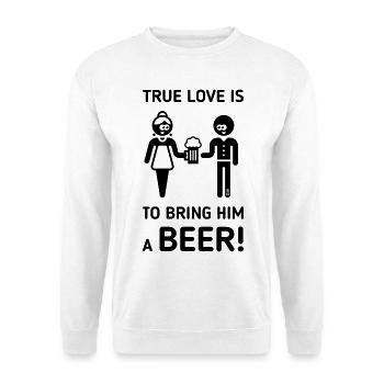 Wahre Liebe ist, ihm ein Bier zu bringen! (Trinker / 1C) - Unisex Pullover - Weiß - Vorne - Alina (178cm) & Michal (187cm)