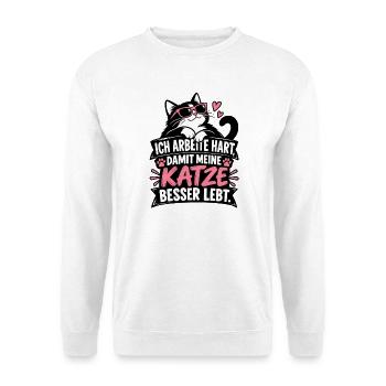 Ich arbeite hart, damit meine Katze besser lebt - Unisex Pullover - Weiß - Vorne - Alina (178cm) & Michal (187cm)