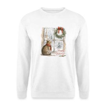 Weihnachtskatze am Fenster mit Kranz - Unisex Pullover - Weiß - Vorne - Alina (178cm) & Michal (187cm)