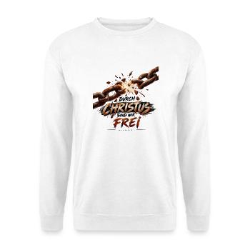 Durch Christus sind wir frei – Galater 5,1 Glaube! - Unisex Pullover - Weiß - Vorne - Alina (178cm) & Michal (187cm)