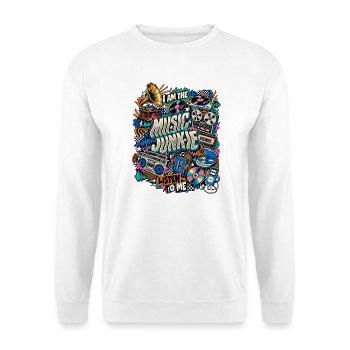 Music Junkie – Retro Musik Collage - Unisex Pullover - Weiß - Vorne - Alina (178cm) & Michal (187cm)