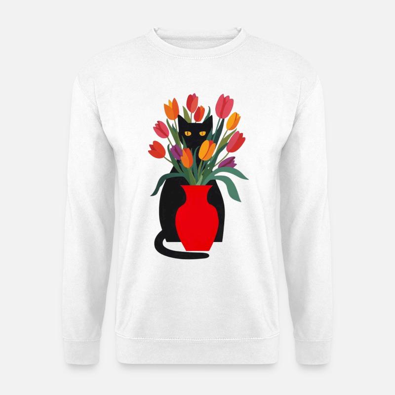 Schwarze Katze und Tulpen - Unisex Pullover - Weiß
