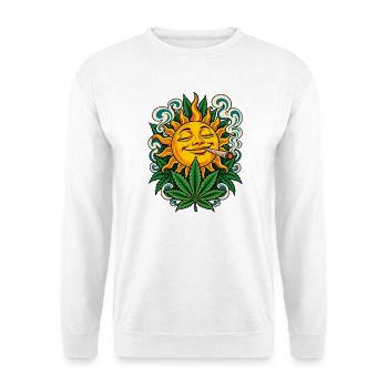 Sonne, Hanfblatt und Jointrauch - Unisex Pullover - Weiß - Vorne - Alina (178cm) & Michal (187cm)