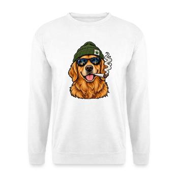 Hund mit Sonnenbrille und Hanf-Beanie - Unisex Pullover - Weiß - Vorne - Alina (178cm) & Michal (187cm)
