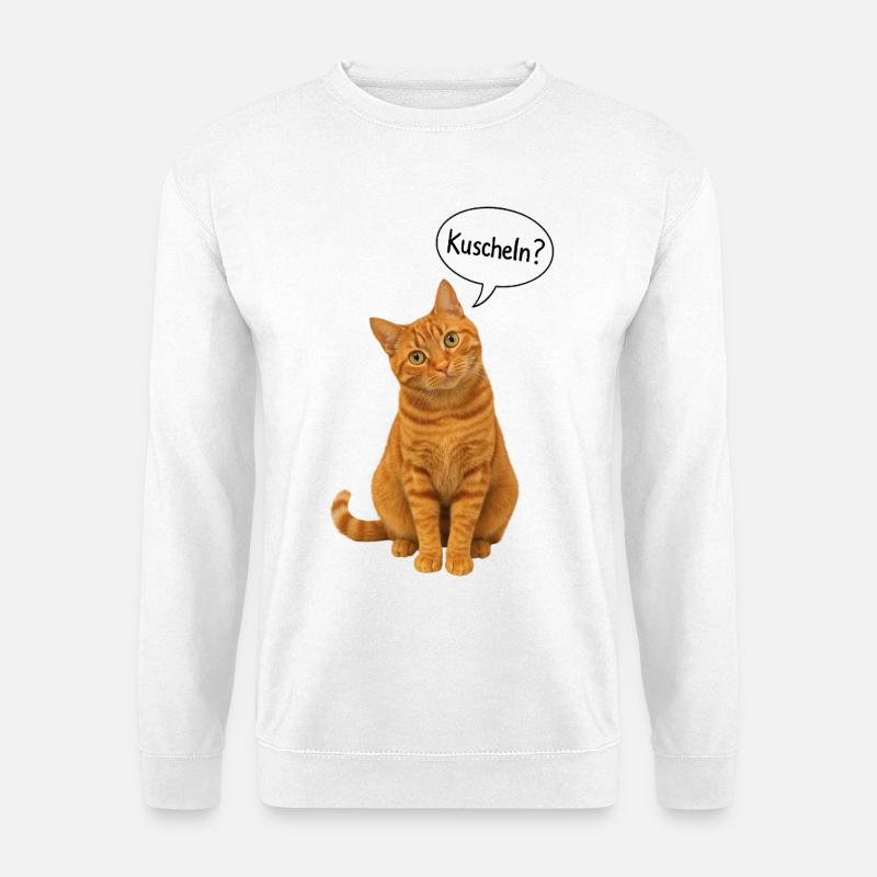 Rote Katze mit geneigten Kopf fragt: "Kuscheln?" - Unisex Pullover - Weiß