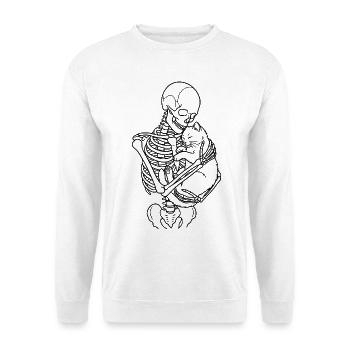 Skelett mit Katze – Gothic Katzenliebe Dark Art  - Unisex Pullover - Weiß - Vorne