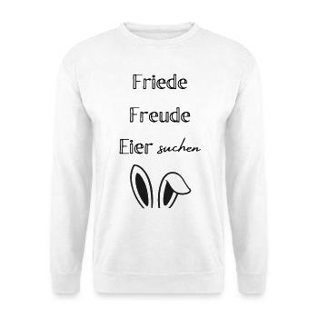 Friede Freude Eier suchen – Lustiger Osterspruch - Unisex Pullover - Weiß - Vorne - Alina (178cm) & Michal (187cm)
