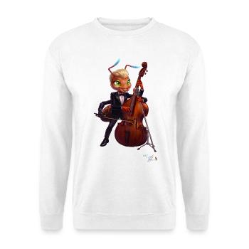 MALÚ Ameise mit Kontrabass | Geschenk für Musiker - Unisex Pullover - Weiß - Vorne - Alina (178cm) & Michal (187cm)