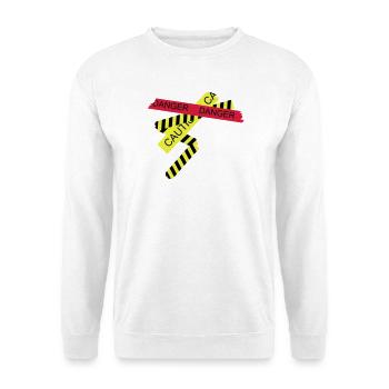 verschiedene Absperrbänder Gefahr und Vorsicht - Unisex Pullover - Weiß - Vorne - Alina (178cm) & Michal (187cm)