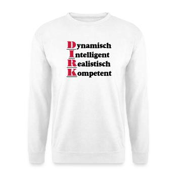 Dirk,Vorname,Namensschild,Name,Fun Shirt (25) - Unisex Pullover - Weiß - Vorne - Alina (178cm) & Michal (187cm)
