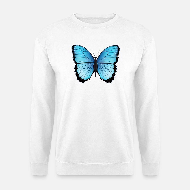 blauer Schmetterling handgezeichnet und koloriert - Unisex Pullover - Weiß