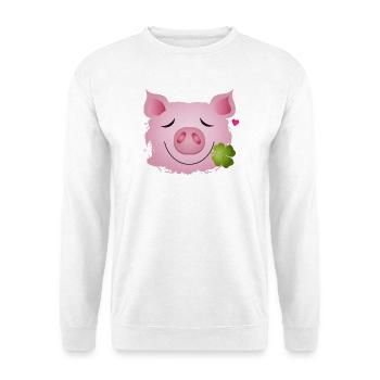 Glücksschwein mit vierblättrigen Kleeblatt im Mund - Unisex Pullover - Weiß - Vorne - Alina (178cm) & Michal (187cm)