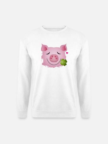 Glücksschwein mit vierblättrigen Kleeblatt im Mund - Unisex Pullover - Weiß
