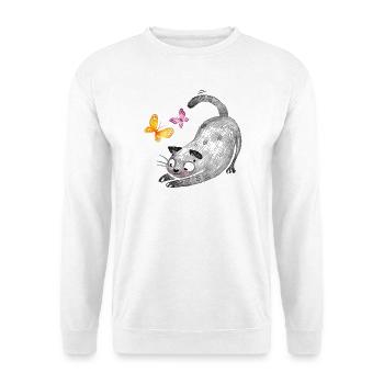 Katzenspiel mit Schmetterlingen - Unisex Pullover - Weiß - Vorne - Alina (178cm) & Michal (187cm)