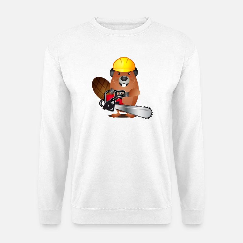 niedlicher Biber mit Kettensäge und Schutzhelm - Unisex Pullover - Weiß