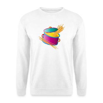 knallig bunter Kochtopf mit Deckel und Spaghetti - Unisex Pullover - Weiß - Vorne - Alina (178cm) & Michal (187cm)