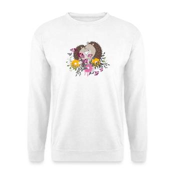Zwei kleine Igel sitzen gemeinsam im Blumenbeet - Unisex Pullover - Weiß - Vorne