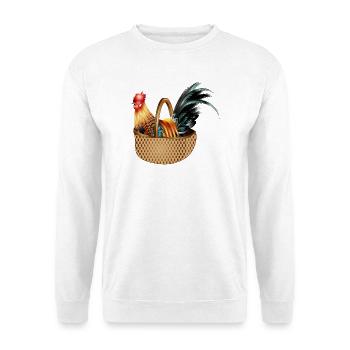 Ein prächtiger bunter Hahn sitz in einem Korb - Unisex Pullover - Weiß - Vorne