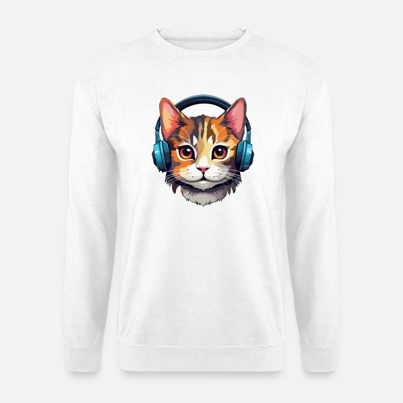 Katze mit Kopfhörer Kater Katzenliebhaber Katzen - Unisex Pullover - Weiß