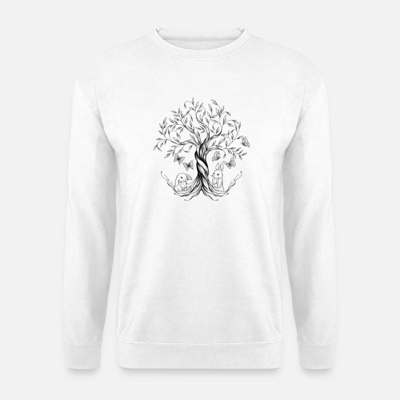 Zeichnung Baum des Lebens, Kaninchen, Schmetterlinge - Unisex Pullover - Weiß