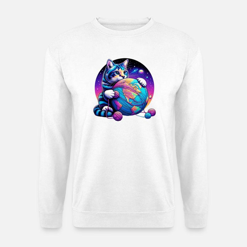 Katze spielt mit einem Wollknäuel Planet Erde - Unisex Pullover - Weiß