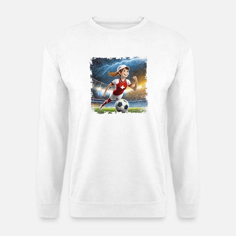 Fussballerin Comicfigur Stadion mit Blitzen - Unisex Pullover - Weiß