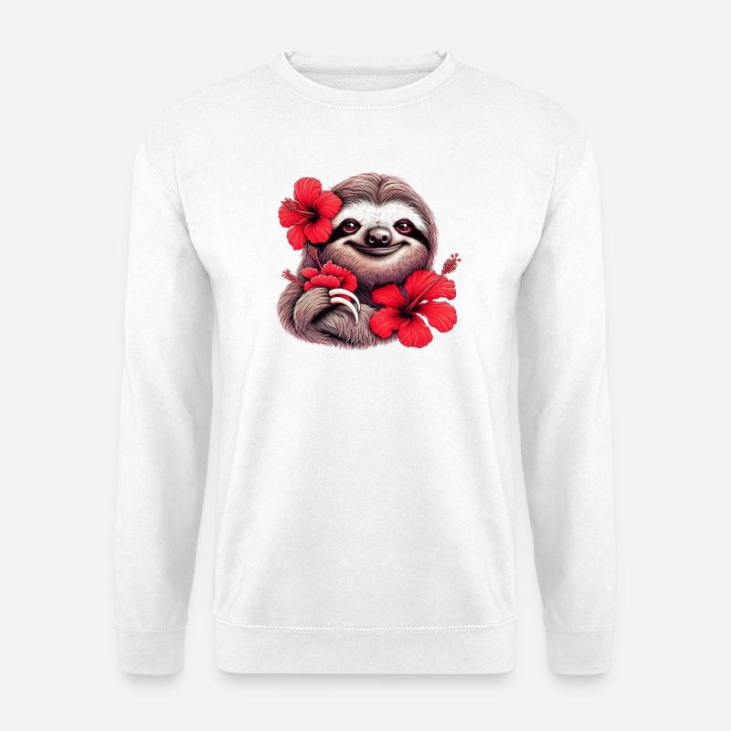 Faultier mit Hibiskusblüten - Unisex Pullover - Weiß