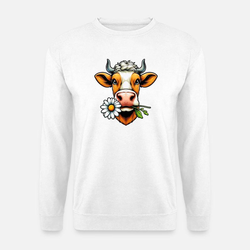 Vache avec une fleur de marguerite dans sa bouche fleurs - Sweat-shirt Unisexe - blanc