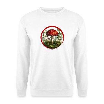 Detailreicher roter Fliegenpilz auf Waldboden - Unisex Pullover - Weiß - Vorne