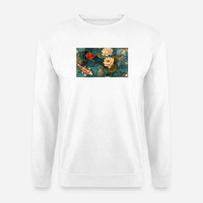 Koi und Lotusblüten auf blaugrünem Wasser - Unisex Pullover - Weiß