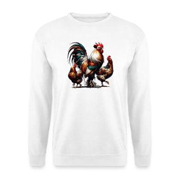 prächtiger bunter Hahn mit zwei Hennen auf dem Hof - Unisex Pullover - Weiß - Vorne
