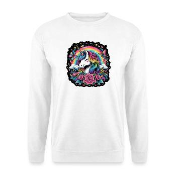 Regenbogen-Einhorn zwischen Rosen und Schmetterlingen - Unisex Pullover - Weiß - Vorne