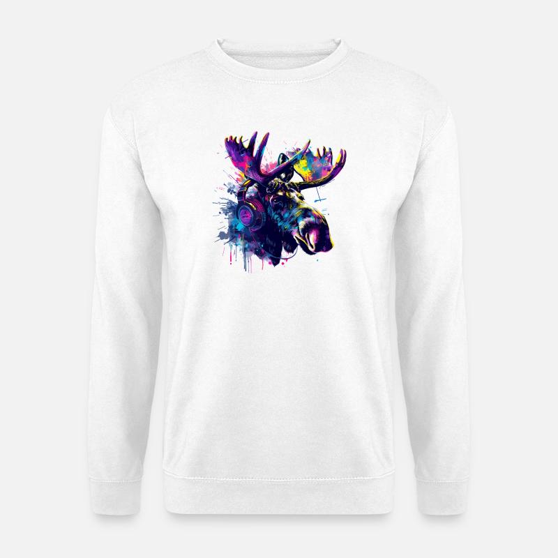 Elch Elche Elchkopf mit Kopfhörer - Unisex Pullover - Weiß