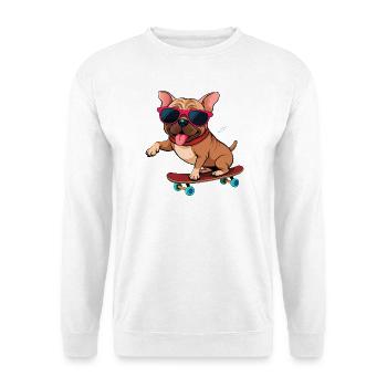 Bulldogge auf einem Brett mit Brille - Unisex Pullover - Weiß - Vorne - Alina (178cm) & Michal (187cm)