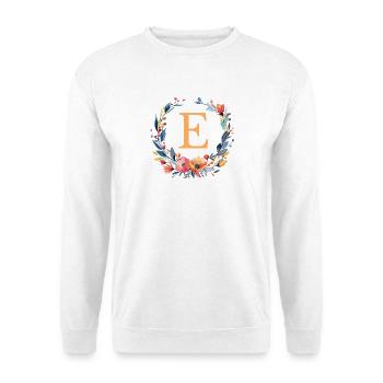 E Monogramm, Blumen-Kranz, personalisierbar - Unisex Pullover - Weiß - Vorne