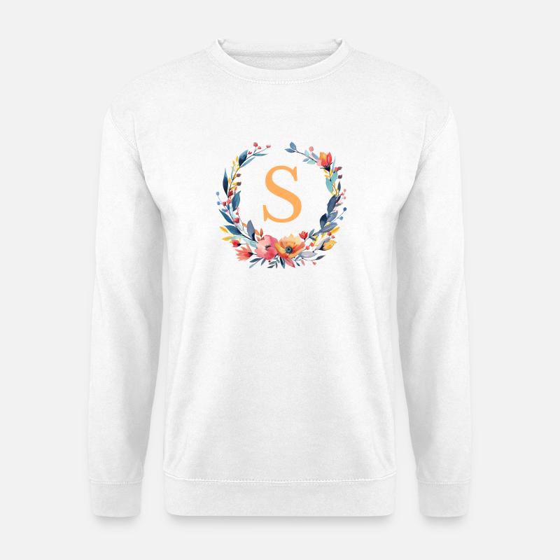 S Monogramm, Blumen-Kranz, personalisierbar - Unisex Pullover - Weiß