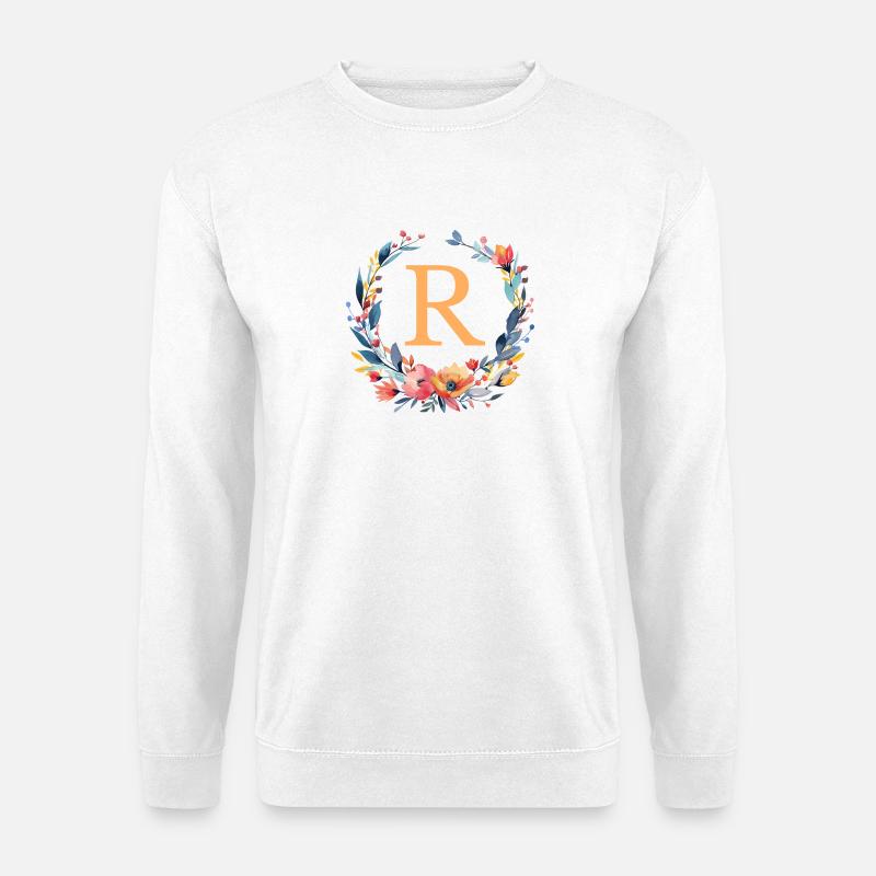 R Monogramm, Blumen-Kranz, personalisierbar - Unisex Pullover - Weiß