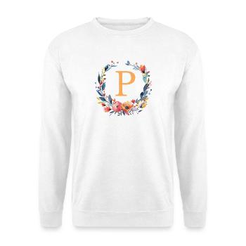 P Monogramm, Blumen-Kranz, personalisierbar - Unisex Pullover - Weiß - Vorne