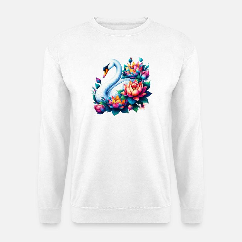 Schwan verziert mit Lotusblüten - Unisex Pullover - Weiß