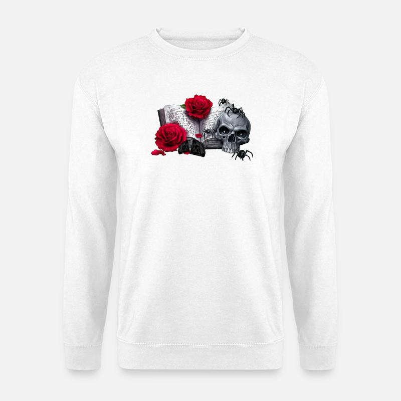 Gothic-Buch mit Rosenblüten, Menschenschädel - Unisex Pullover - Weiß