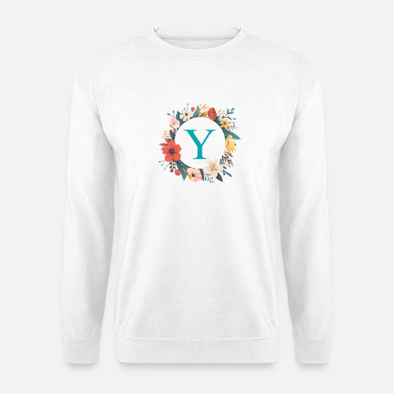 Y Monogramm, Blumen-Kranz, personalisierbar - Unisex Pullover - Weiß
