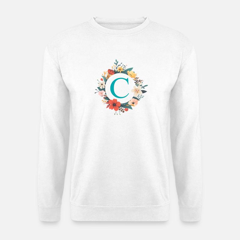 C Monogramm, Blumen-Kranz, personalisierbar - Unisex Pullover - Weiß