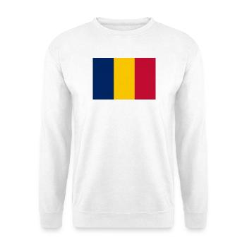 Tschad – Flaggenwappen Blau, Gelb, Rot - Unisex Pullover - Weiß - Vorne - Alina (178cm) & Michal (187cm)