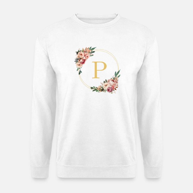 P Monogramm, Blumen-Kranz, personalisierbar - Unisex Pullover - Weiß