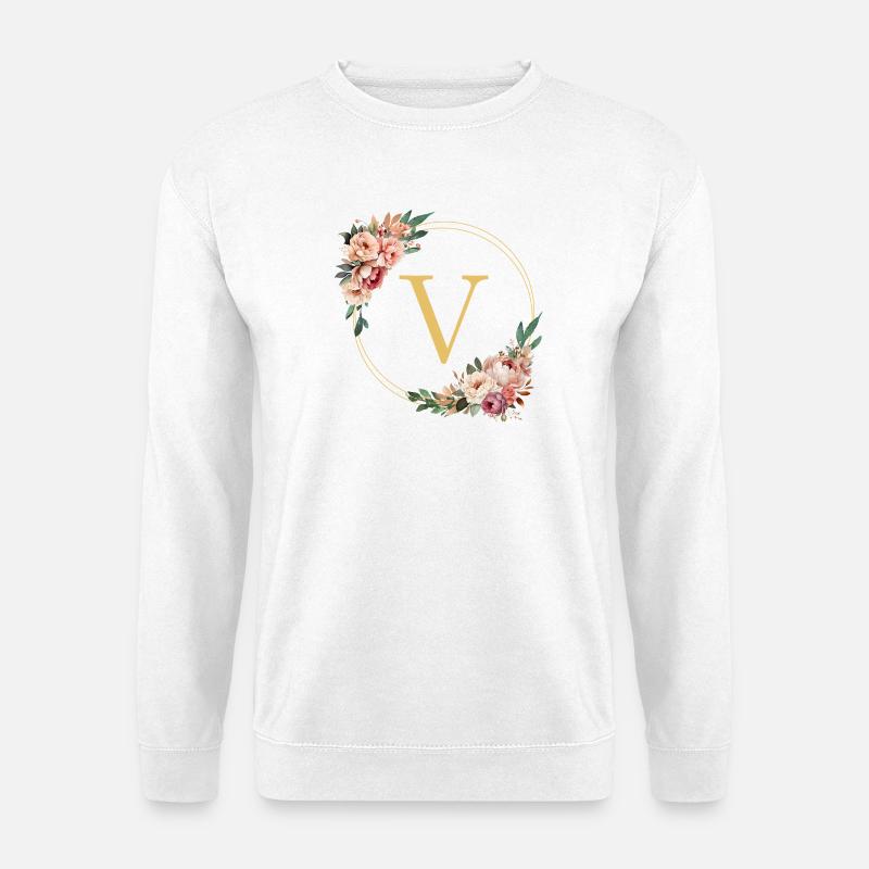 V Monogramm, Blumen-Kranz, personalisierbar - Unisex Pullover - Weiß