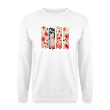 Kirschblüten Kimono Panel Portrait - Unisex Pullover - Weiß - Vorne - Alina (178cm) & Michal (187cm)