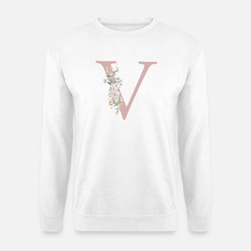 V Monogramm, Floral, personalisierbar - Unisex Pullover - Weiß