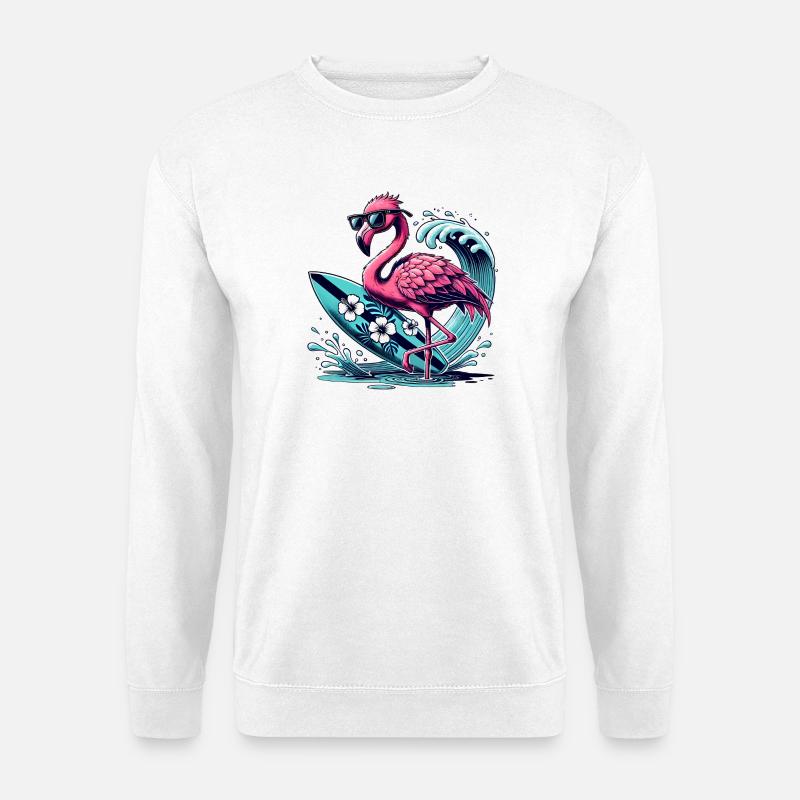 Surfender Flamingo mit Style - Unisex Pullover - Weiß