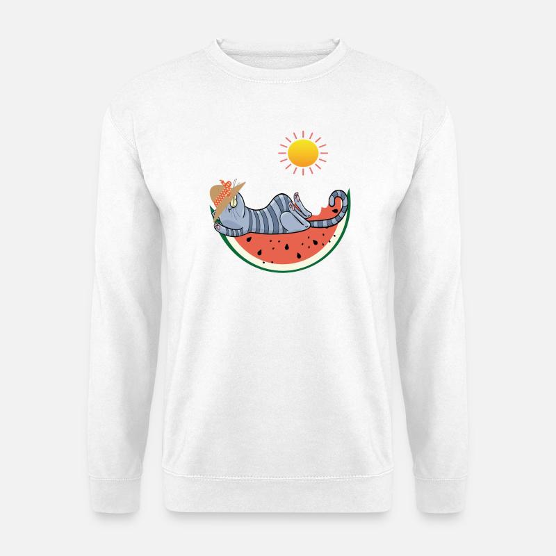 Katze mit Melone im Sonnenschein - Unisex Pullover - Weiß