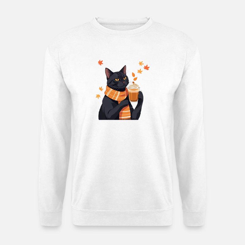 Schwarze Katze mit Pumpkin spice Latte - Herbst - Unisex Pullover - Weiß